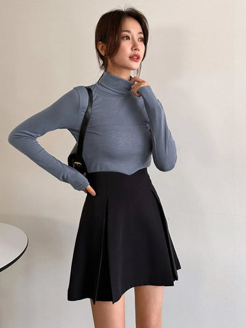 DAZY Solid High Waist Fold Pleated Detail Skirt