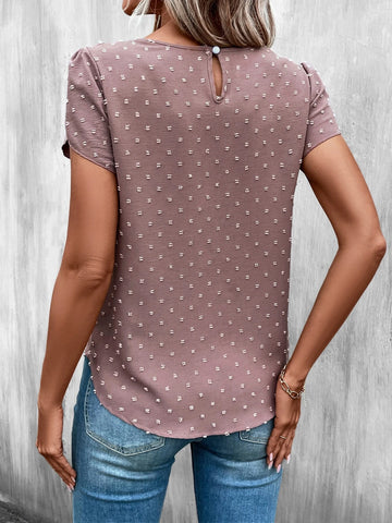 Swiss Dot Petal Sleeve Keyhole Back Blouse