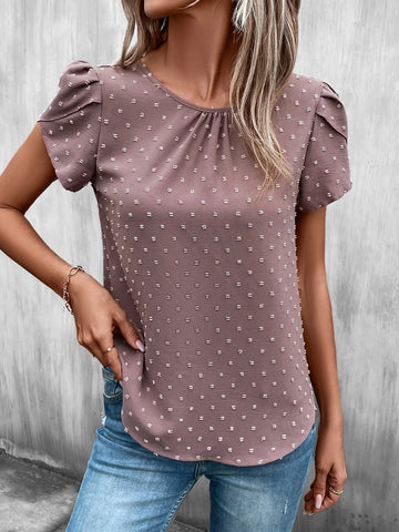 Swiss Dot Petal Sleeve Keyhole Back Blouse