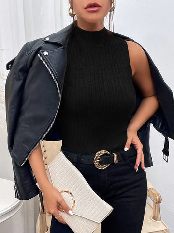Mock Neck Ribbed Knit Tank Top