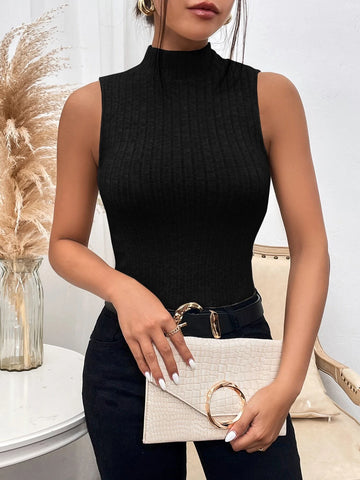 Mock Neck Ribbed Knit Tank Top