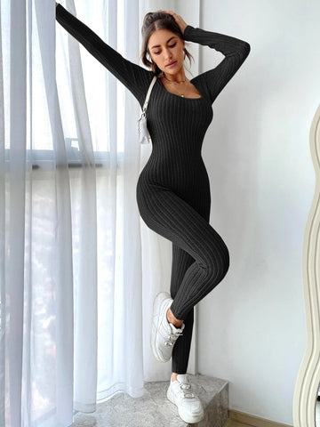 EZwear Solid Ribbed Knit Scoop Neck Unitard Jumpsuit