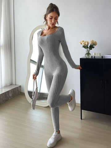 EZwear Solid Ribbed Knit Scoop Neck Unitard Jumpsuit