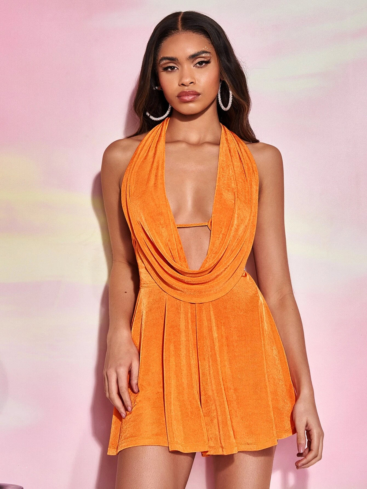 BAE Draped Front Backless Halter Neck Romper