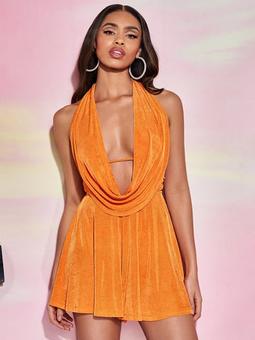 BAE Draped Front Backless Halter Neck Romper