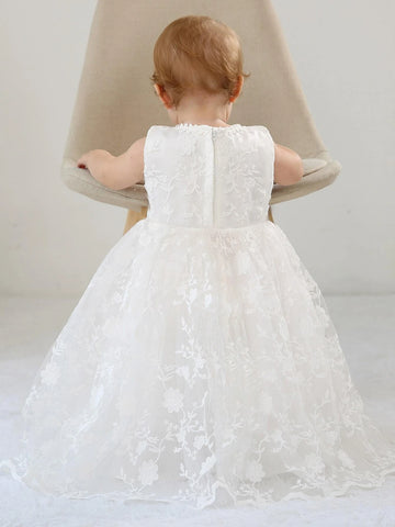 Baby Floral Embroidery Bow Front Lace Party Dress Without Hat