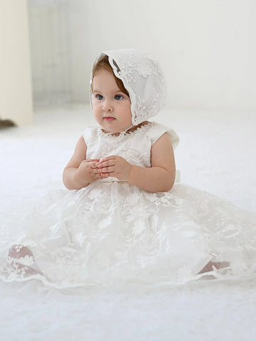 Baby Floral Embroidery Bow Front Lace Party Dress Without Hat