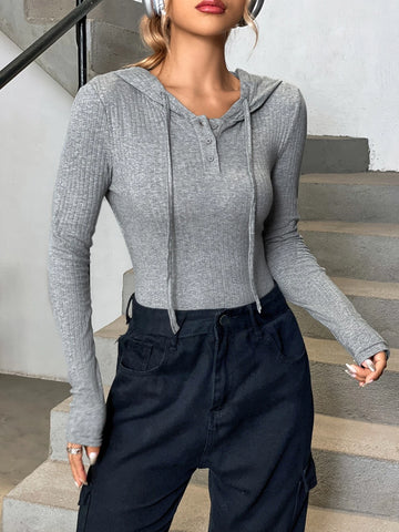 Ribbed Knit Drawstring Hooded Bodysuit