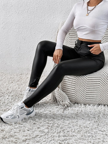 Felegant Solid PU Leather Skinny Pants