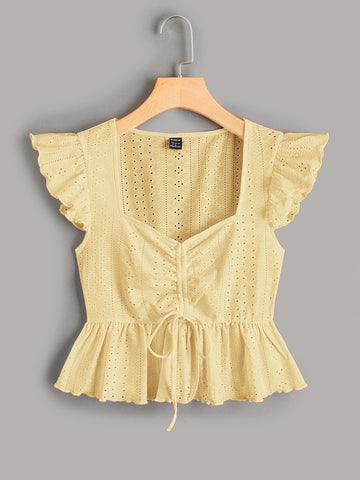 EZwear Butterfly Sleeve Drawstring Peplum Schiffy Blouse