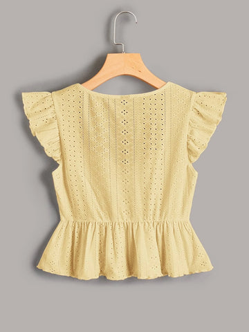 EZwear Butterfly Sleeve Drawstring Peplum Schiffy Blouse