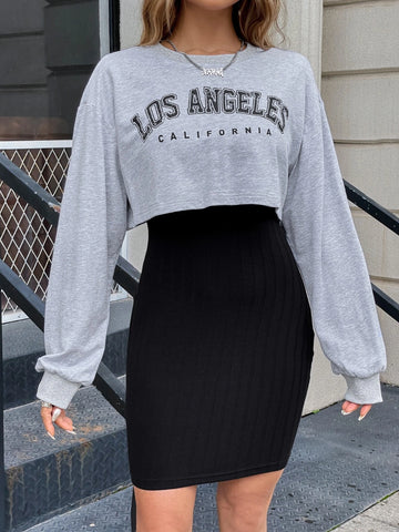 Letter Graphic Drop Shoulder Crop Sweatshirt & Bodycon Dress