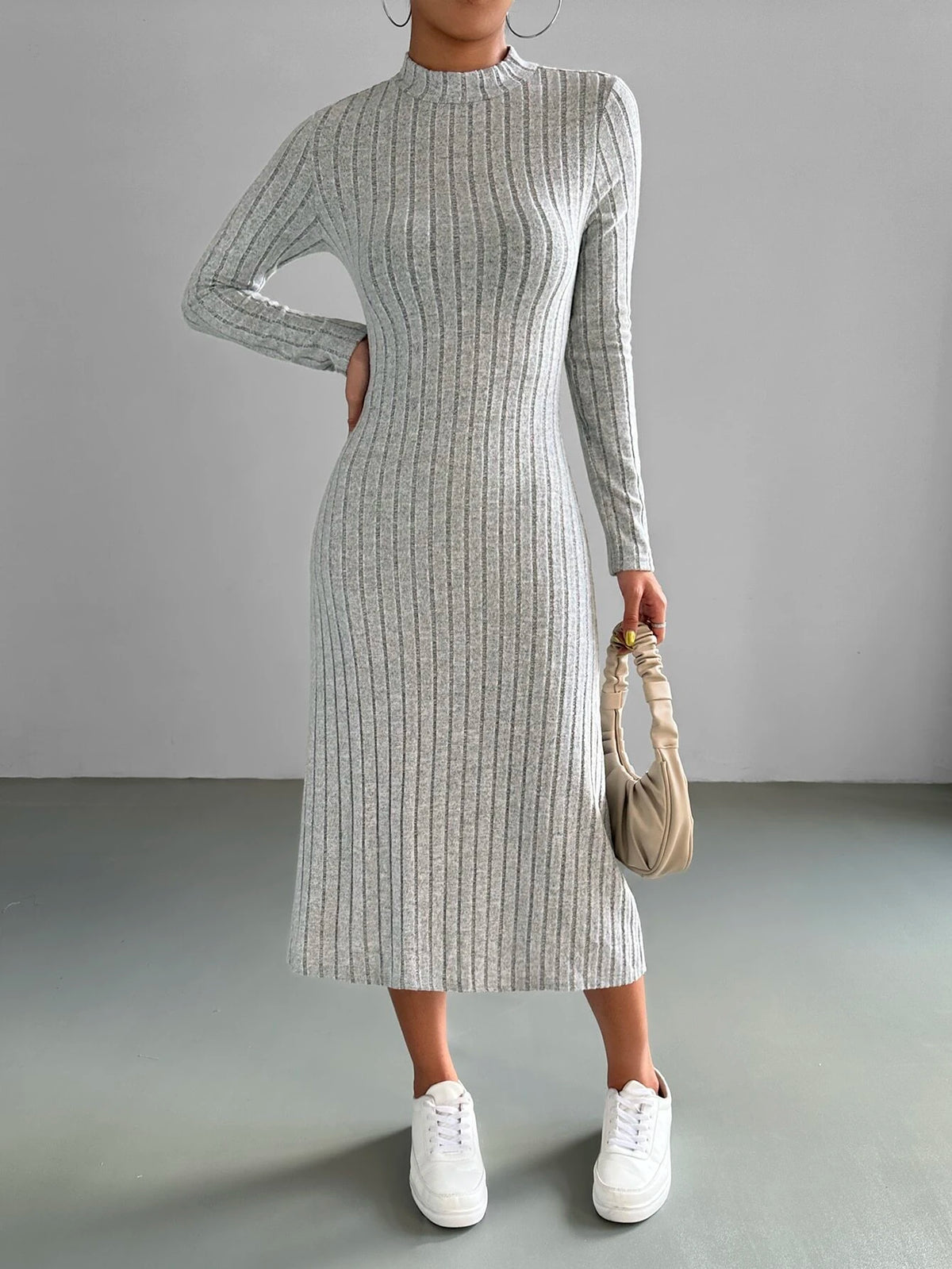 EZwear Mock Neck Ribbed Knit Dress