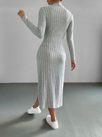 EZwear Mock Neck Ribbed Knit Dress
