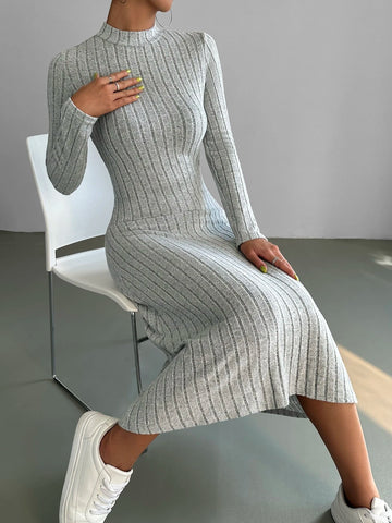 EZwear Mock Neck Ribbed Knit Dress