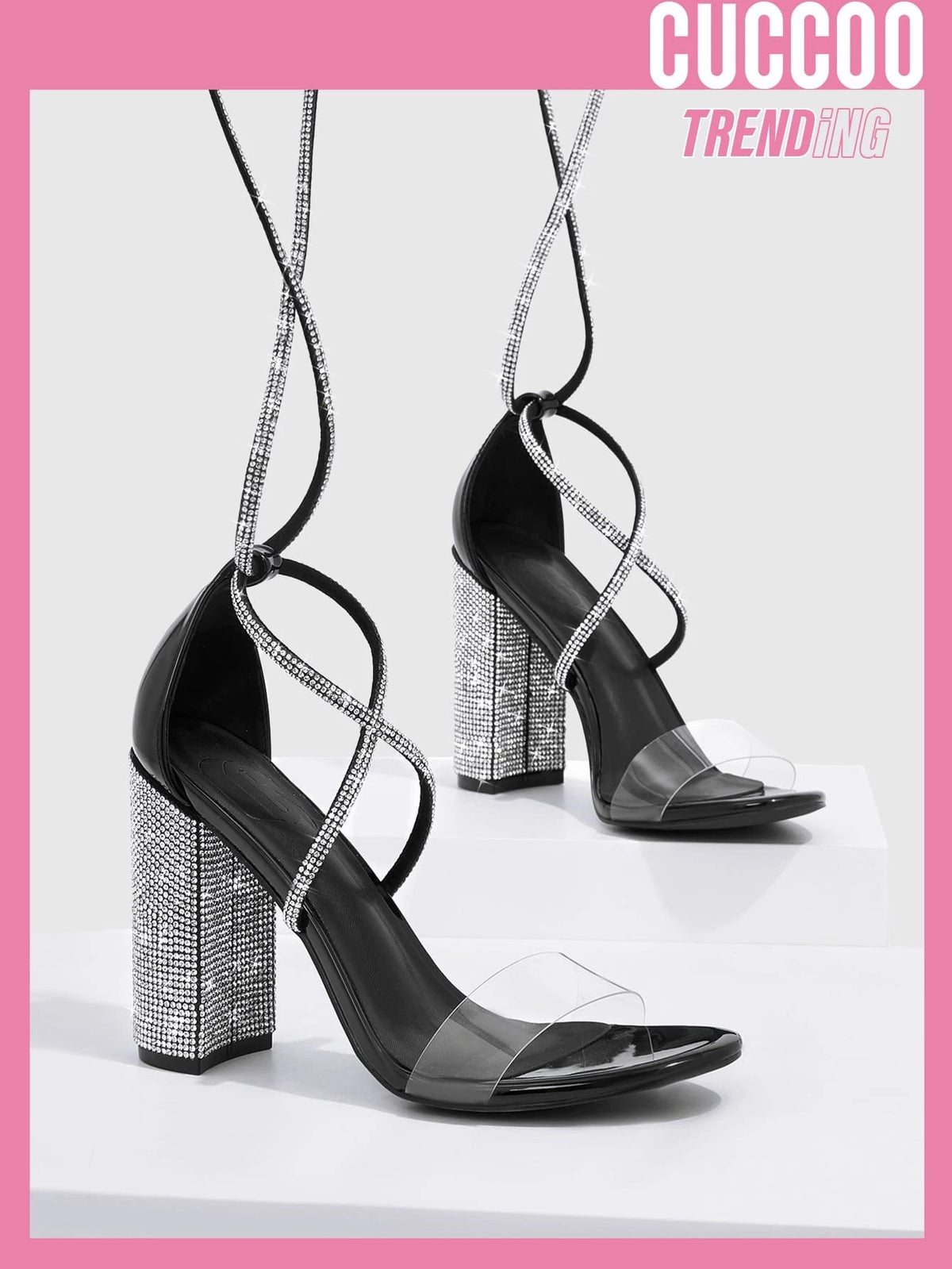 CUCCOO Trending Rhinestone Decor Tie Leg Design Chunky Heeled Strappy Sandals