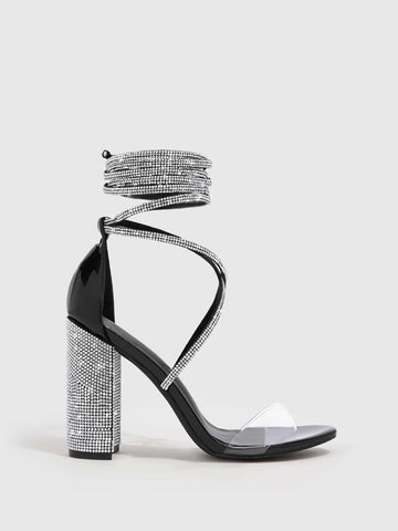 CUCCOO Trending Rhinestone Decor Tie Leg Design Chunky Heeled Strappy Sandals