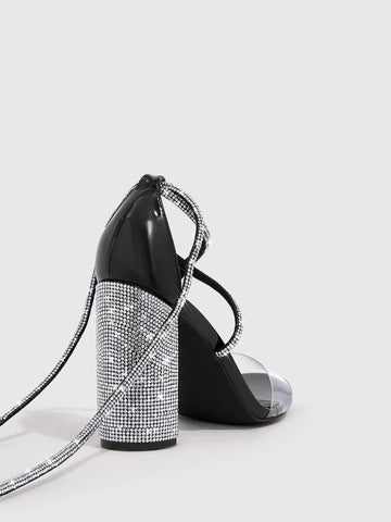 CUCCOO Trending Rhinestone Decor Tie Leg Design Chunky Heeled Strappy Sandals