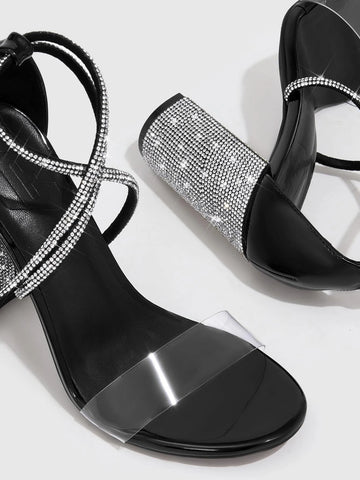 CUCCOO Trending Rhinestone Decor Tie Leg Design Chunky Heeled Strappy Sandals