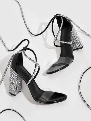 CUCCOO Trending Rhinestone Decor Tie Leg Design Chunky Heeled Strappy Sandals