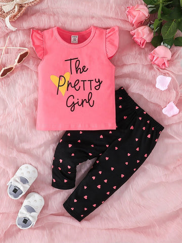 Baby Heart & Slogan Graphic Ruffle Trim Tee & Pants