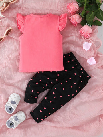 Baby Heart & Slogan Graphic Ruffle Trim Tee & Pants
