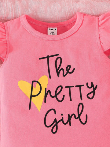 Baby Heart & Slogan Graphic Ruffle Trim Tee & Pants