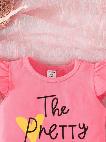 Baby Heart & Slogan Graphic Ruffle Trim Tee & Pants