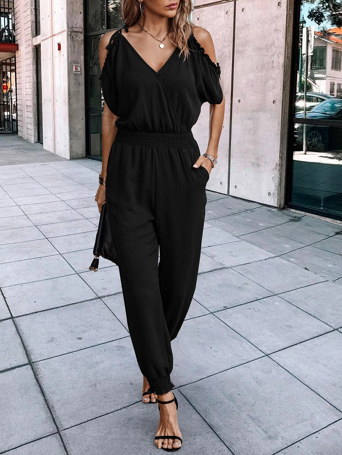 Cold Shoulder Knot Shoulder Shirred Waist Slant Pockets Jumpsuit