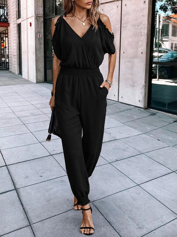 Cold Shoulder Knot Shoulder Shirred Waist Slant Pockets Jumpsuit