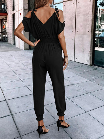 Cold Shoulder Knot Shoulder Shirred Waist Slant Pockets Jumpsuit