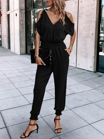 Cold Shoulder Knot Shoulder Shirred Waist Slant Pockets Jumpsuit