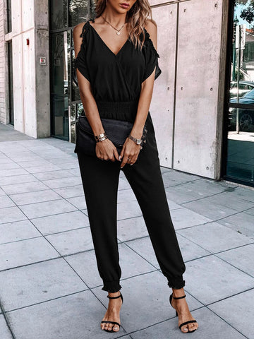 Cold Shoulder Knot Shoulder Shirred Waist Slant Pockets Jumpsuit