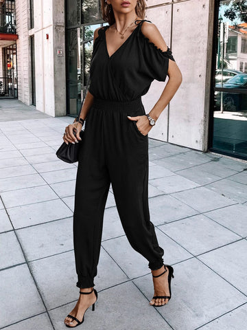 Cold Shoulder Knot Shoulder Shirred Waist Slant Pockets Jumpsuit