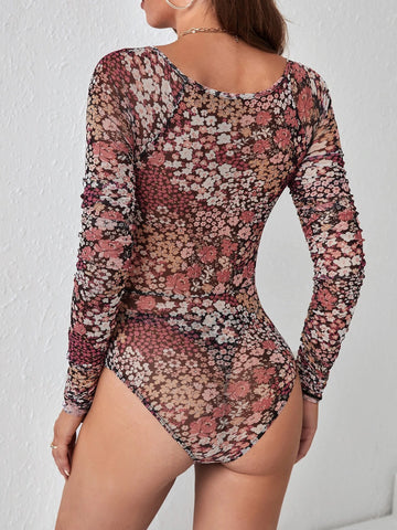 EMERY ROSE Ditsy Floral Print Square Neck Mesh Bodysuit
