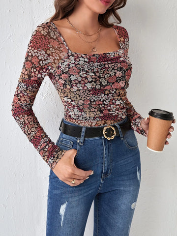 EMERY ROSE Ditsy Floral Print Square Neck Mesh Bodysuit