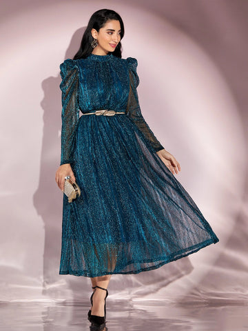 Modely Gigot Sleeve Belted Glitter Dress