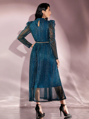 Modely Gigot Sleeve Belted Glitter Dress