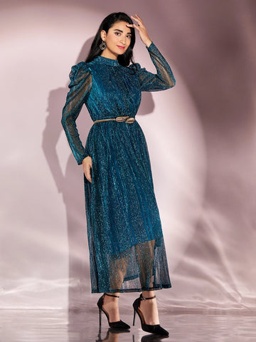 Modely Gigot Sleeve Belted Glitter Dress