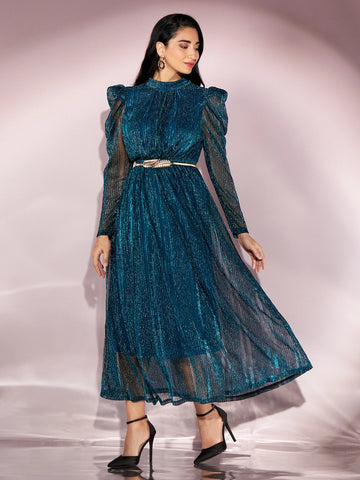 Modely Gigot Sleeve Belted Glitter Dress