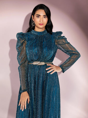Modely Gigot Sleeve Belted Glitter Dress