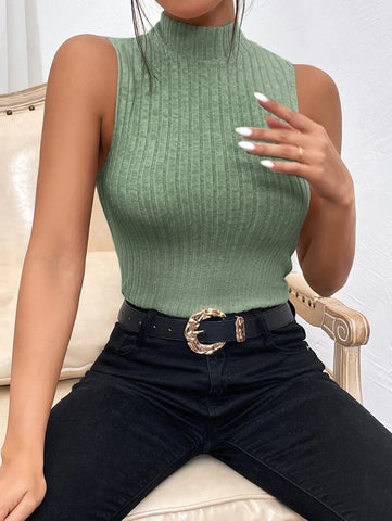 Mock Neck Ribbed Knit Tank Top