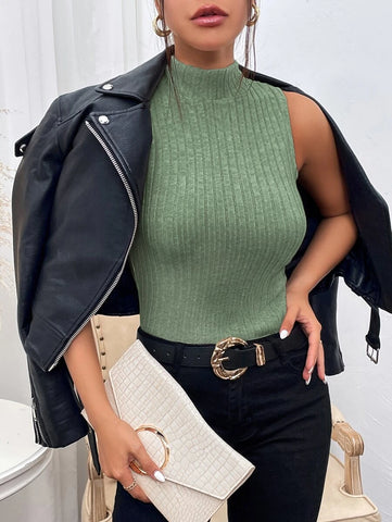 Mock Neck Ribbed Knit Tank Top