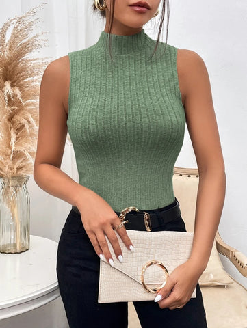 Mock Neck Ribbed Knit Tank Top