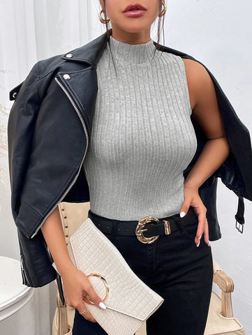 Mock Neck Ribbed Knit Tank Top