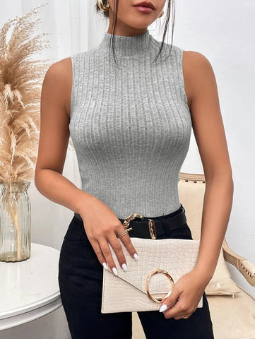 Mock Neck Ribbed Knit Tank Top