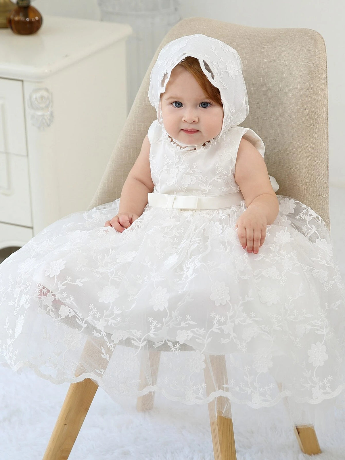 Baby Floral Embroidery Bow Front Lace Party Dress Without Hat