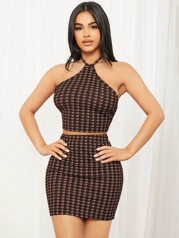 SXY Houndstooth Print Backless Halter Top & Bodycon Skirt