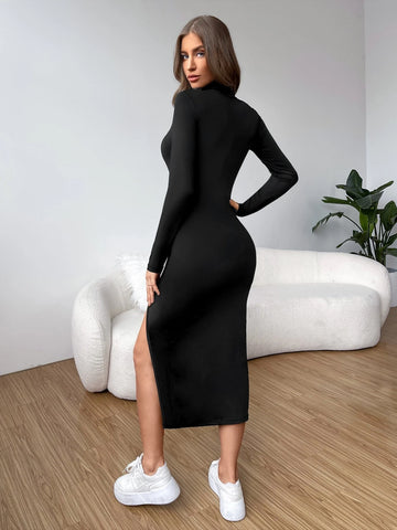 Mock Neck Split Thigh Bodycon Dress