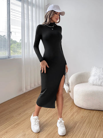 Mock Neck Split Thigh Bodycon Dress